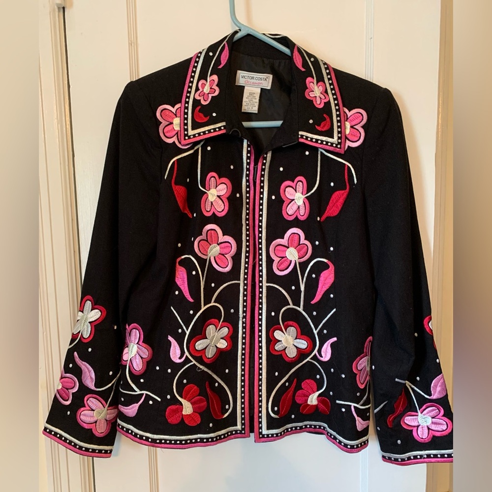 Victor Costa Black and Pink Embroidered Blazer